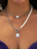 CIFEEO- Boho Pearl Chain Coin Pattern Layered Necklace Vacation Beach Jewelry QAR52