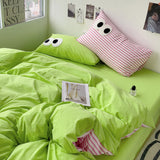 Cifeeo-2025 Spring Bedding Set Korean Duvet Cover Set No Filler Pink Green Strips Cute Eyes Flat Sheet Pillowcase Single Double Size Boys Girls Bed Linen