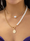 CIFEEO- Boho Pearl Chain Coin Pattern Layered Necklace Vacation Beach Jewelry QAR52