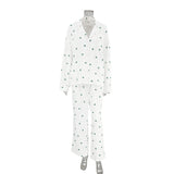 Cifeeo-Summer New Love Heart Print Pyjama 100% Cotton Long Sleeve Set 2Pcs Outfit Lapel Sleepwear Button Down Women's Pajamas Nightwear