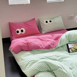 Cifeeo-2025 Spring Bedding Set Korean Duvet Cover Set No Filler Pink Green Strips Cute Eyes Flat Sheet Pillowcase Single Double Size Boys Girls Bed Linen