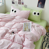 Cifeeo-2025 Spring Bedding Set Korean Duvet Cover Set No Filler Pink Green Strips Cute Eyes Flat Sheet Pillowcase Single Double Size Boys Girls Bed Linen