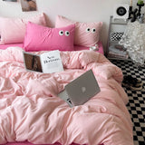 Cifeeo-2025 Spring Bedding Set Ins Style Big Eyes Duvet Cover No Filling Double Mix Color Flat Sheet Pillowcases Washed Cotton Embroidery Queen Bedding Set