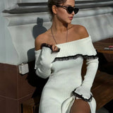 Cifeeo-Autumn Off The Shoulder Sweater Dress 2025 Elegant Long Sleeve Knitted Dress Sexy Causal Warm White Dress Women