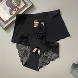 Cifeeo-Printed New Style Ice Silk Couple Underwear Sexy Men's Boxer & Women Panties Lover's Panty 2 Pieces Set for Boyfriend Girlfriend