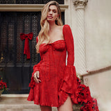 Cifeeo-work holiday party outfit INS Lace New Bell Sleeve Tube Top Dress Sexy Hot Girl French Casual Backless Hip Skirt