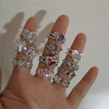 Cifeeo-Vintage Jewelry Y2K Style Pink Crystal Irregular Heart Ring for Women Creative Blue Opal Heart Open Ring Shiny Geometric Zircon Ring Vintage Y2K Jewely