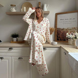 Cifeeo-Summer New Love Heart Print Pyjama 100% Cotton Long Sleeve Set 2Pcs Outfit Lapel Sleepwear Button Down Women's Pajamas Nightwear