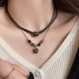 Cifeeo-Vintage Jewelry Y2K Style Vintage Leather Brown Stone Pendant Necklace Stacking Choker Temperament Clavicle Chain for Women Girl Autumn Winter Necklace