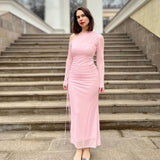 Cifeeo-Autumn Long Sleeve Dress Women Pink Mesh Maxi Dress 2025 New Arrivals High Slit Bodycon Party Dresses Women
