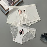 Cifeeo-Printed New Style Ice Silk Couple Underwear Sexy Men's Boxer & Women Panties Lover's Panty 2 Pieces Set for Boyfriend Girlfriend