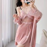 Cifeeo-Sexy Sleepwear Women's Autumn and Winter New Gold Velvet Home Suit Set, Suspender Nightgown 2-piece Nightgown Set