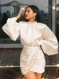 Cifeeo-Ruched Satin Dress Women White Latern Sleeves Sexy Party Dress Autumn Night Club Mini Dresses 2020 Vestdios