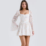 Cifeeo-Summer Holiday Dress 2025 Square Neck Lantern Sleeve Chiffon Dress Casual Birthday Party Dresses Women's Clothing