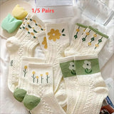 Cifeeo-5 Pairs Socks Women Green Fresh Medium Length Summer New Plant Flower Short Socks Sweat Absorbing and Odor Proof Socks New