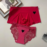 Cifeeo-New Style Couple Matching Underwear Set Ice Silk Mens Boxers and Women Sexy Panties Lover's Panty Plus Size Valentine underpants