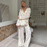 Cifeeo-Summer New Love Heart Print Pyjama 100% Cotton Long Sleeve Set 2Pcs Outfit Lapel Sleepwear Button Down Women's Pajamas Nightwear