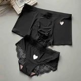 Cifeeo-New Style Couple Matching Underwear Set Ice Silk Mens Boxers and Women Sexy Panties Lover's Panty Plus Size Valentine underpants