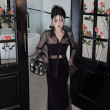 Cifeeo-work holiday party outfit Hot Girl Royal Sister Elegant Sexy Shirt Women's Transparent Black Slim Mesh Inner Shirt Top for Women