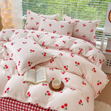 Cifeeo-2025 Spring Bedding Set Cute Cherry Duvet Cover Set No Filler Flat Sheet Pillowcases Ins Korean Queen Double Full Size Soft Girl Boys Bed Linens