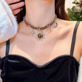 Cifeeo-Vintage Jewelry Y2K Style 2024 New Tiger's-Eye Necklace Vintage Punk Sun Star Moon Leather Trendy INS Pendant Choker for Women Jewelry