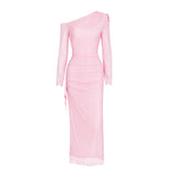 Cifeeo-Autumn Long Sleeve Dress Women Pink Mesh Maxi Dress 2025 New Arrivals High Slit Bodycon Party Dresses Women
