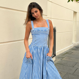 Cifeeo-Elegant and Beautiful Women Dresses 2025 Summer Spaghetti Strap Long Plaid Dress with Pocket Female Vacation Dress