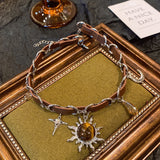 Cifeeo-Vintage Jewelry Y2K Style 2024 New Tiger's-Eye Necklace Vintage Punk Sun Star Moon Leather Trendy INS Pendant Choker for Women Jewelry