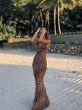 Cifeeo-Summer Leopard Sexy See Through Dress Maxi Backless Sheer Beach Dress Lace Up Elegant Floor Length Holiday Dress