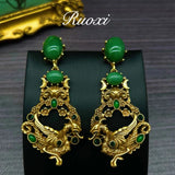 Cifeeo-vintage Valentines Gift European and American Fashion Trend Retro Art Emerald Inlaid with Glass Dragon Element Relief Pendant Earrings-Mom's Gift