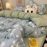 Cifeeo-2025 Spring Bedding Set Korean Style Bedding Set Twin Queen Size Cute Cream Cherry Duvet Cover Flat Sheet Pillowcase Polyester Boys Girls Bed Linen