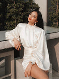 Cifeeo-Ruched Satin Dress Women White Latern Sleeves Sexy Party Dress Autumn Night Club Mini Dresses 2020 Vestdios