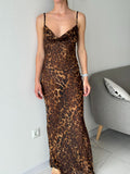 Cifeeo-Summer Leopard Sexy See Through Dress Maxi Backless Sheer Beach Dress Lace Up Elegant Floor Length Holiday Dress