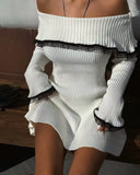 Cifeeo-Autumn Off The Shoulder Sweater Dress 2025 Elegant Long Sleeve Knitted Dress Sexy Causal Warm White Dress Women