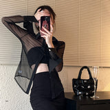 Cifeeo-work holiday party outfit Hot Girl Royal Sister Elegant Sexy Shirt Women's Transparent Black Slim Mesh Inner Shirt Top for Women