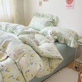 Cifeeo-2025 Spring Bedding Set Cute Floral Duvet Cover Set Ins Korean Style with Flat Sheet Pillowcase No filler Washed Cotton Queen Double Home Bed Linens