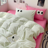 Cifeeo-2025 Spring Bedding Set Korean Duvet Cover Set No Filler Pink Green Strips Cute Eyes Flat Sheet Pillowcase Single Double Size Boys Girls Bed Linen