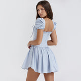 Cifeeo-Summer Detachable Puff Sleeve Corset Dress Mini Elegant Blue Square Neck Dress Casual Women Holiday Party Dress 2025