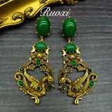 Cifeeo-vintage Valentines Gift European and American Fashion Trend Retro Art Emerald Inlaid with Glass Dragon Element Relief Pendant Earrings-Mom's Gift