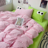 Cifeeo-2025 Spring Bedding Set Korean Duvet Cover Set No Filler Pink Green Strips Cute Eyes Flat Sheet Pillowcase Single Double Size Boys Girls Bed Linen