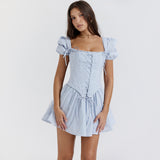 Cifeeo-Summer Detachable Puff Sleeve Corset Dress Mini Elegant Blue Square Neck Dress Casual Women Holiday Party Dress 2025