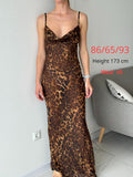 Cifeeo-Summer Leopard Sexy See Through Dress Maxi Backless Sheer Beach Dress Lace Up Elegant Floor Length Holiday Dress