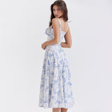 Cifeeo-Floral Print Summer Holiday Dress Elegant Midi Spaghetti Strap Lace Up Dress A Line Casual Women Clothing 2025