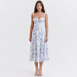 Cifeeo-Floral Print Summer Holiday Dress Elegant Midi Spaghetti Strap Lace Up Dress A Line Casual Women Clothing 2025