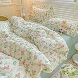 Cifeeo-2025 Spring Bedding Set Cute Floral Duvet Cover Set Ins Korean Style with Flat Sheet Pillowcase No filler Washed Cotton Queen Double Home Bed Linens