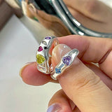 Cifeeo-Vintage Jewelry Y2K Style Colorful Zircon Rings for Women Irregular Matte Metal Ring Retro Personality Index Finger Jewelry Hip Hop Girls Accessories Gift