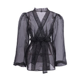 Cifeeo-work holiday party outfit 2025 Spring and Summer Sexy Black See-through Mesh Shirt Coat Female Niche Long-Sleeved Shirt Blouse Stacked