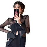 Cifeeo-work holiday party outfit Hot Girl Royal Sister Elegant Sexy Shirt Women's Transparent Black Slim Mesh Inner Shirt Top for Women