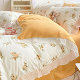 Cifeeo-2025 Spring Bedding Set Ins Korean Style Duvet Cover Set Princess Floral Ruffles Fitted Flat Sheet Pillowcases Girls Single Double Size Bed Linen