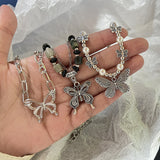 Cifeeo-Vintage Jewelry Y2K Style Silver Color Y2K Butterfly Heart Pendant Necklaces Fashion Vintage Pearl Crystal Multi-layered Chains Necklace for Women Jewelry